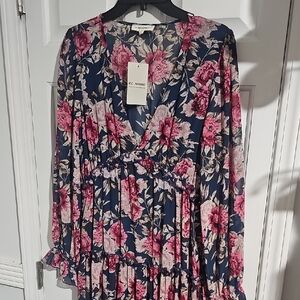 Pink and Blue Floral Long Sleeve Maxi Dress